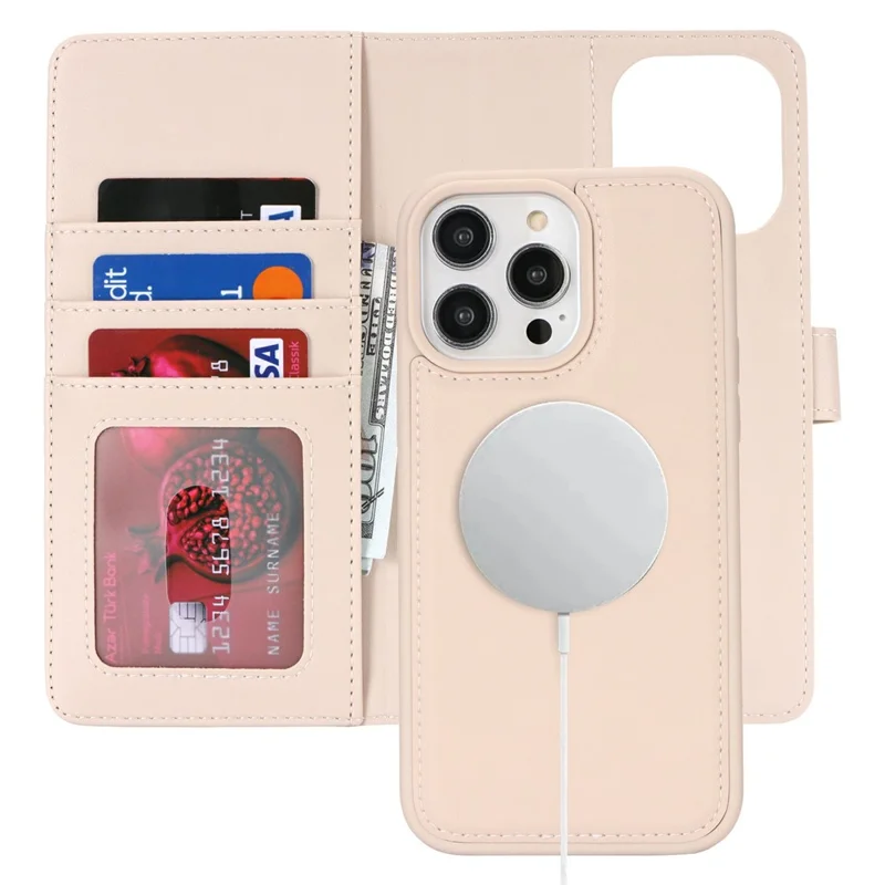 For iPhone 15 Pro Max Wallet Case Compatible with MagSafe Anti-Drop Detachable PU Leather Phone Cover - Beige