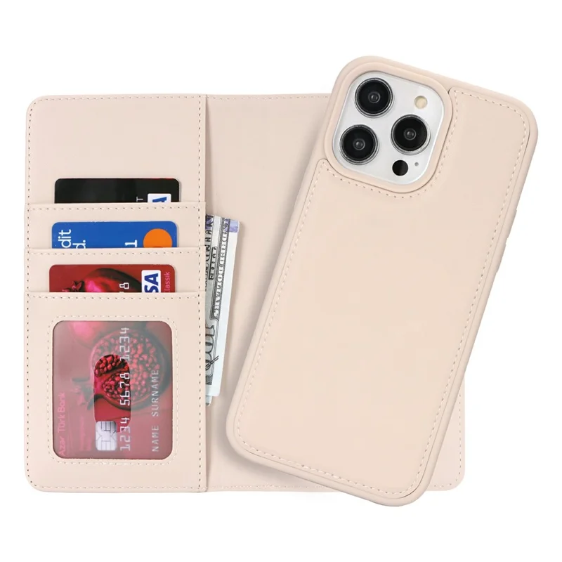 For iPhone 15 Pro Max Wallet Case Compatible with MagSafe Anti-Drop Detachable PU Leather Phone Cover - Beige