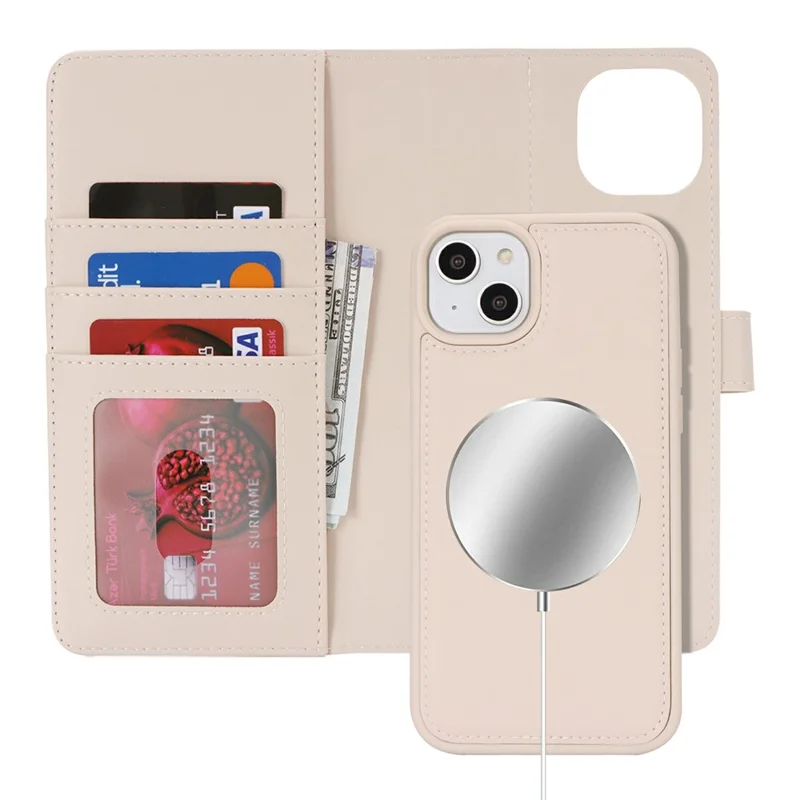 Cover per iPhone 15 Plus / 4 Plus Portafoglio Compatibile con MagSafe Antiurto Staccabile in Pelle PU - Beige