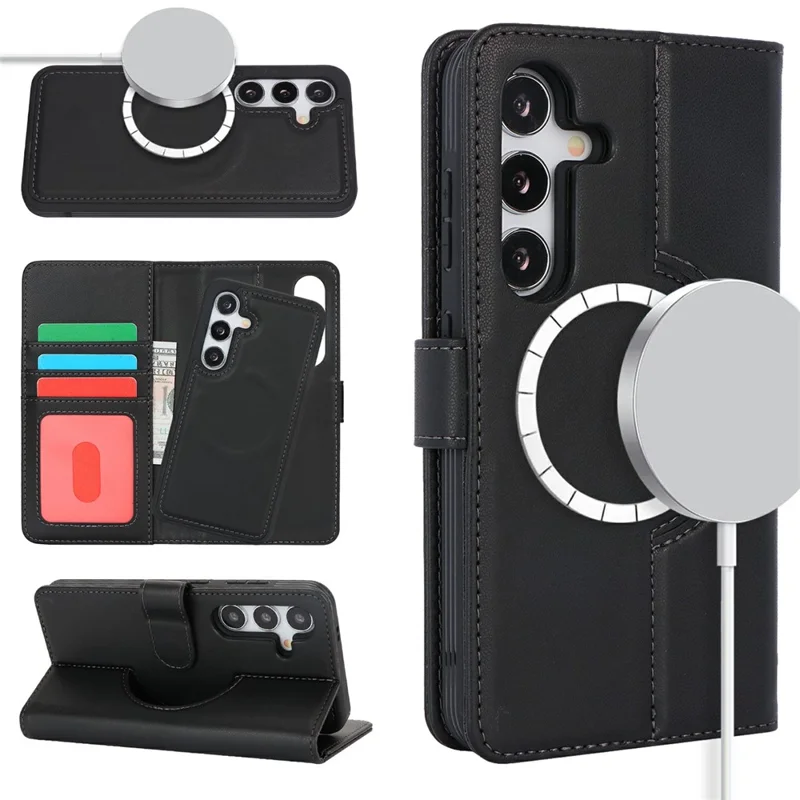Étui portefeuille pour Samsung Galaxy S24 Compatible avec MagSafe Antichute Détachable en Cuir PU - Noir