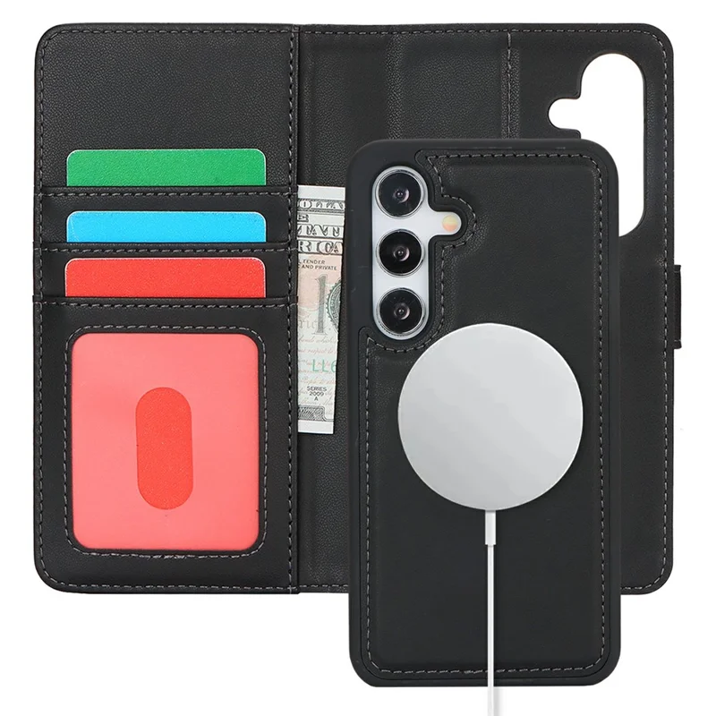 Étui portefeuille pour Samsung Galaxy S24 Compatible avec MagSafe Antichute Détachable en Cuir PU - Noir