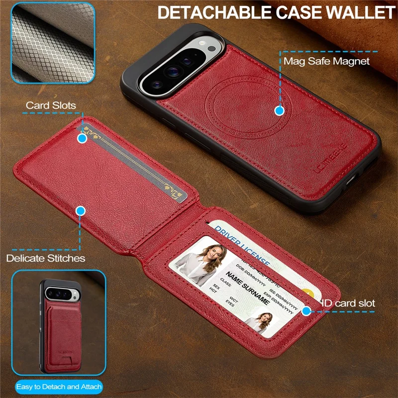 LC.IMEEKE L3 Para Google Pixel 10 Pro / Pixel 10 Capa Magnética com Porta-cartões em Couro e TPU - Vermelho