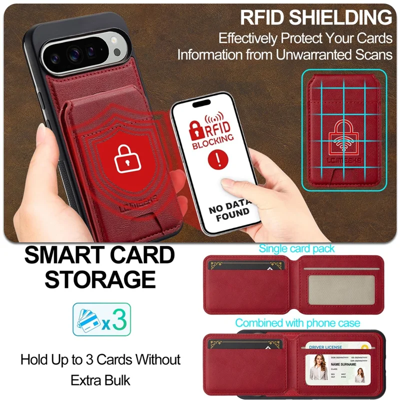 LC.IMEEKE L3 Para Google Pixel 10 Pro / Pixel 10 Capa Magnética com Porta-cartões em Couro e TPU - Vermelho