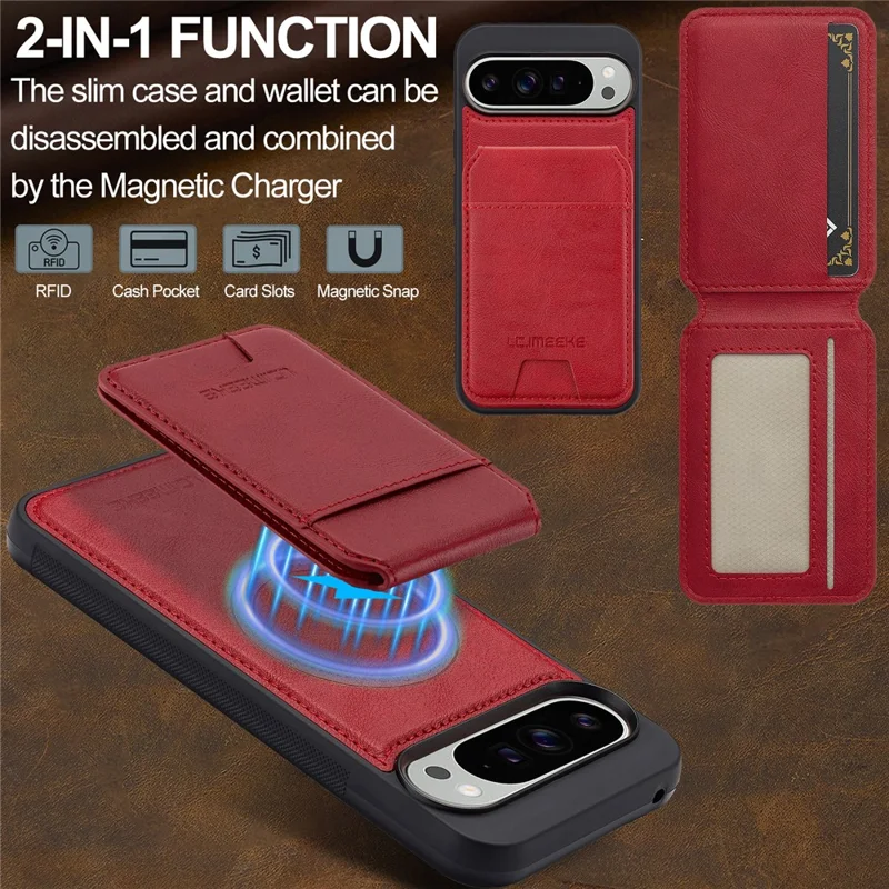 LC.IMEEKE L3 Para Google Pixel 10 Pro / Pixel 10 Capa Magnética com Porta-cartões em Couro e TPU - Vermelho