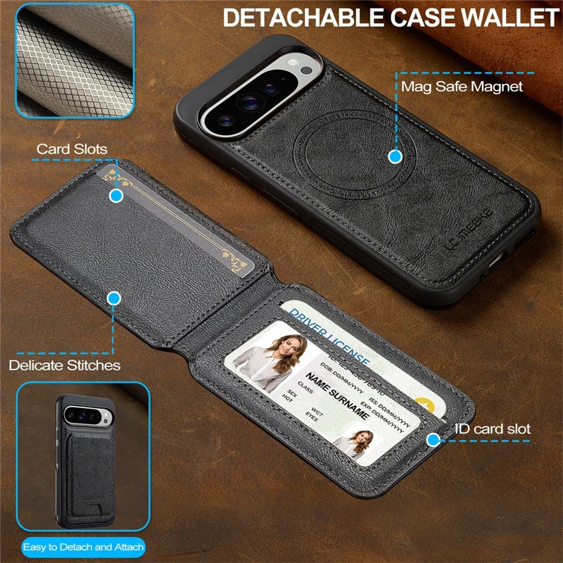 LC.IMEEKE L3 For Google Pixel 10 Pro XL Magnetic Case Detachable Card Holder Leather TPU Mobile Cover - Black