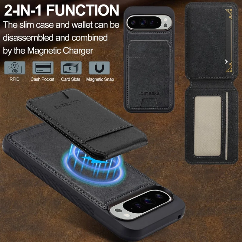 LC.IMEEKE L3 For Google Pixel 10 Pro XL Magnetic Case Detachable Card Holder Leather TPU Mobile Cover - Black
