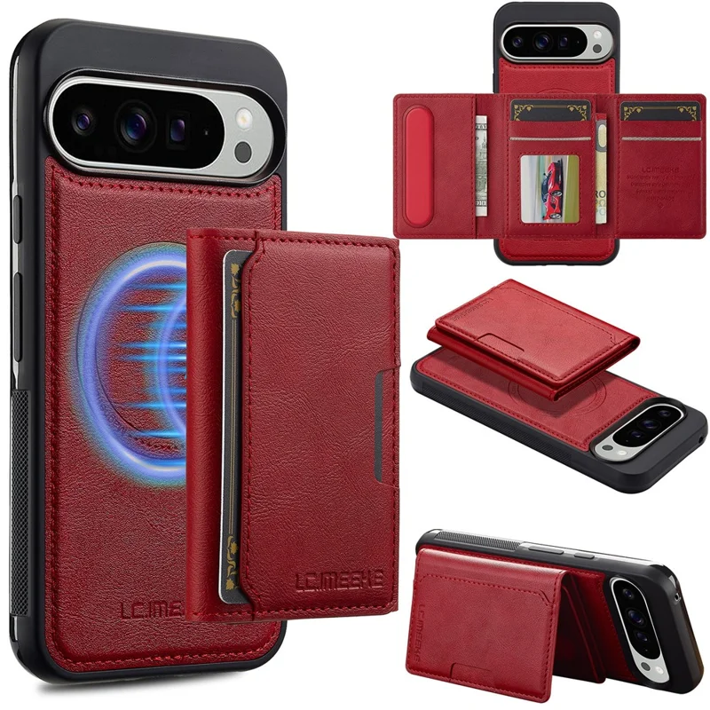 LC.IMEEKE L5 Para Google Pixel 10 Pro / Pixel 10 Capa de Telefone Magnética de Couro com Porta-cartões Destacável - Vermelho
