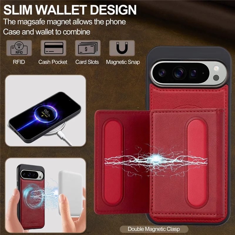 LC.IMEEKE L5 Para Google Pixel 10 Pro / Pixel 10 Capa de Telefone Magnética de Couro com Porta-cartões Destacável - Vermelho