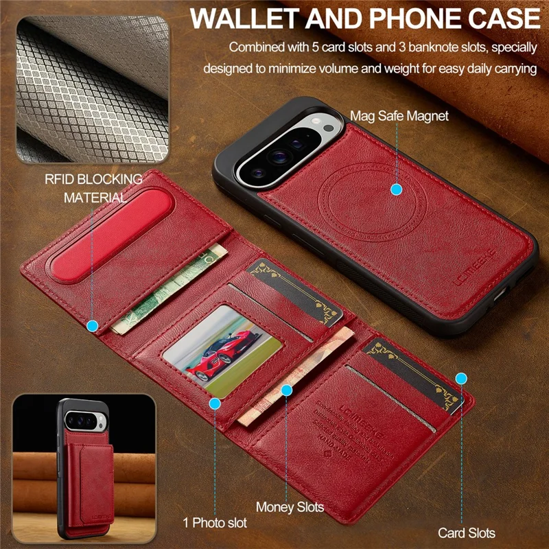 LC.IMEEKE L5 Para Google Pixel 10 Pro / Pixel 10 Capa de Telefone Magnética de Couro com Porta-cartões Destacável - Vermelho
