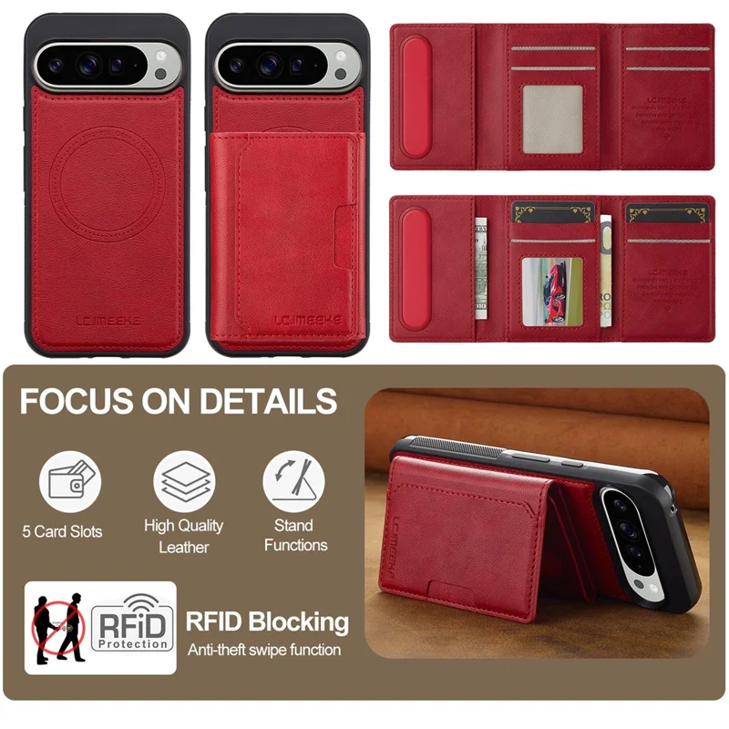 LC.IMEEKE L5 Para Google Pixel 10 Pro / Pixel 10 Capa de Telefone Magnética de Couro com Porta-cartões Destacável - Vermelho