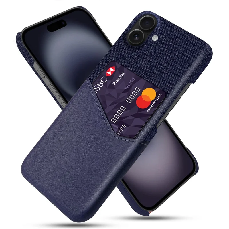 Für iPhone 17 Hülle aus PU-Leder mit Stoffstruktur, harte PC-Handyhülle mit Kartenhalter - Blau