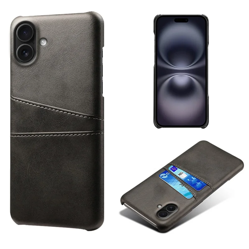 For iPhone 17 Case Dual Card Slots PU Leather + Hard PC Phone Cover - Black