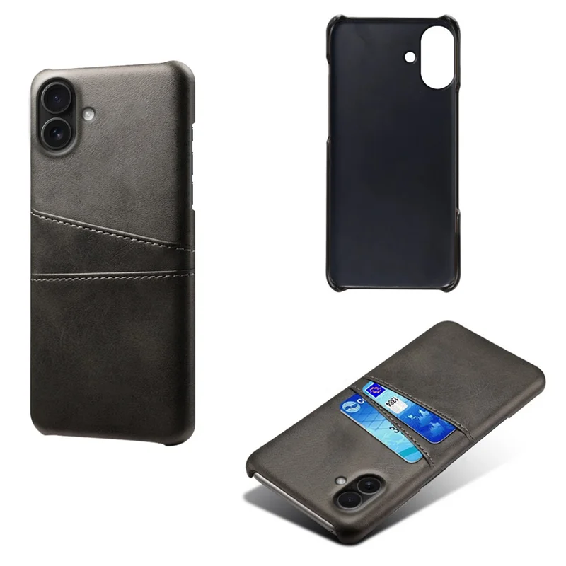 For iPhone 17 Case Dual Card Slots PU Leather + Hard PC Phone Cover - Black
