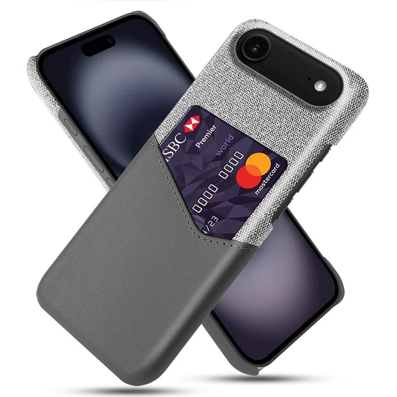 Capa de Couro PU para iPhone 17 com Textura de Tecido, Capa Rígida de PC com Porta-cartões - Cinza