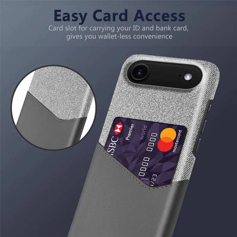 Capa de Couro PU para iPhone 17 com Textura de Tecido, Capa Rígida de PC com Porta-cartões - Cinza