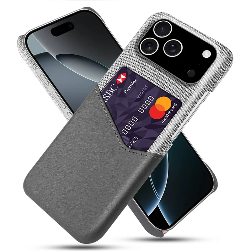 For iPhone 17 Pro Case PU Leather Cloth Texture Hard PC Phone Cover with Card Holder - Grey