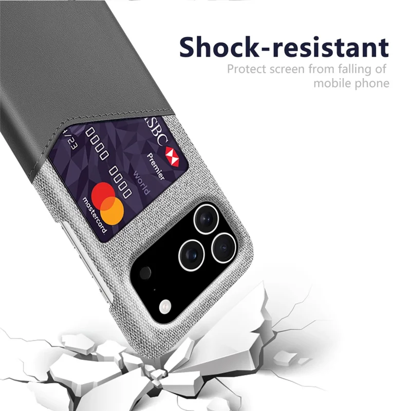 For iPhone 17 Pro Case PU Leather Cloth Texture Hard PC Phone Cover with Card Holder - Grey