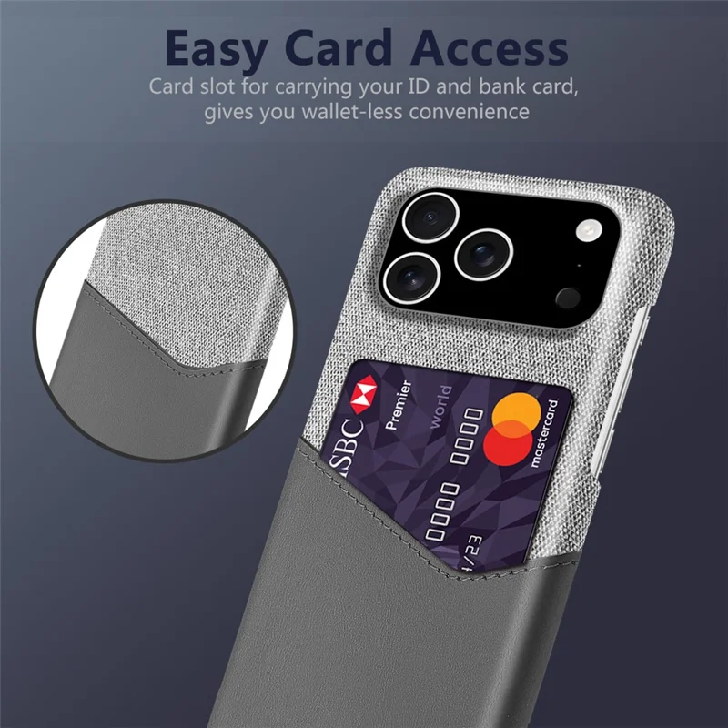 For iPhone 17 Pro Case PU Leather Cloth Texture Hard PC Phone Cover with Card Holder - Grey
