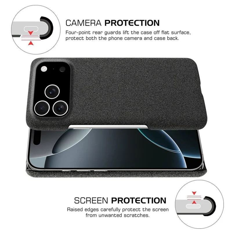 For iPhone 17 Pro hoesje met stofstructuur, krasbestendig, beschermmiddel met PC-achterkant - Zwart