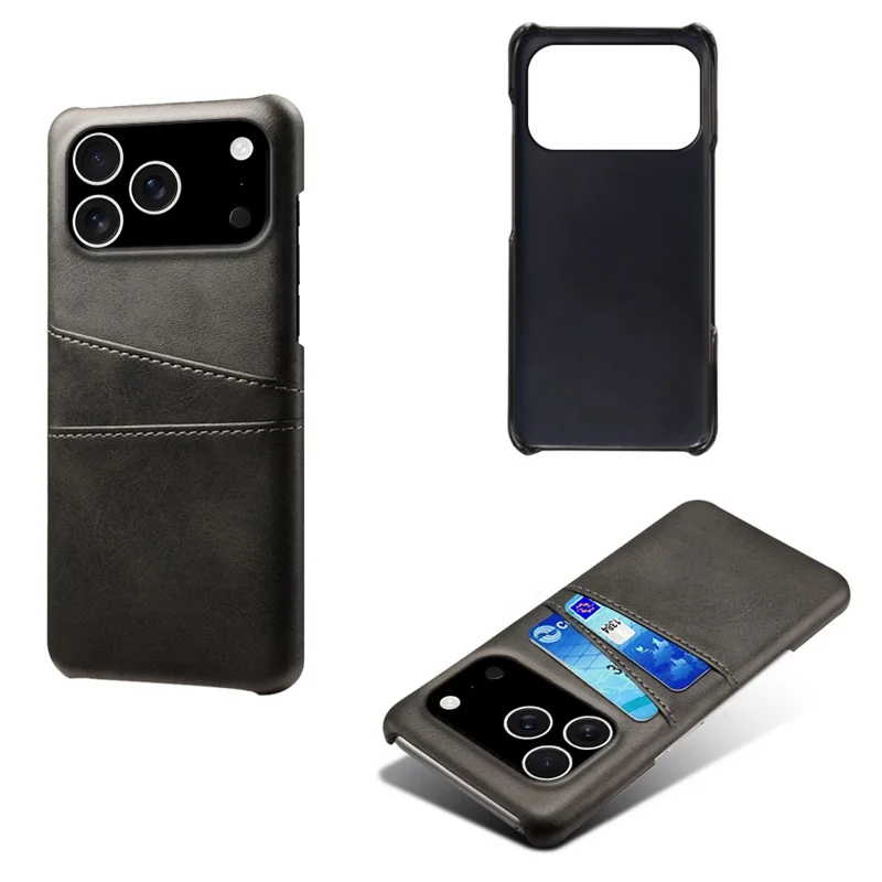 Étui pour iPhone 17 Pro avec Double Emplacement pour Cartes en Cuir PU + Coque Rigide en PC - Noir
