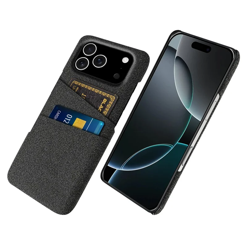 Capa para iPhone 17 Pro em tecido + Capa de telefone rígida em PC com dois slots para cartão - Preto
