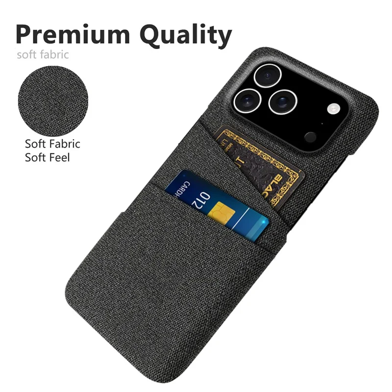 Capa para iPhone 17 Pro em tecido + Capa de telefone rígida em PC com dois slots para cartão - Preto