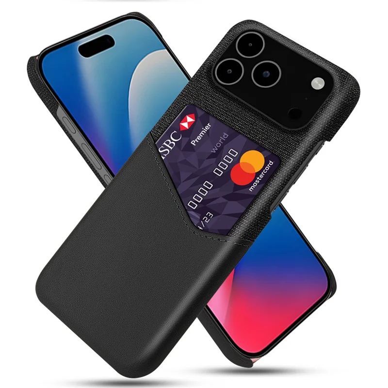 For iPhone 17 Pro Max Case PU Leather Cloth Texture Hard PC Phone Cover with Card Holder - Black