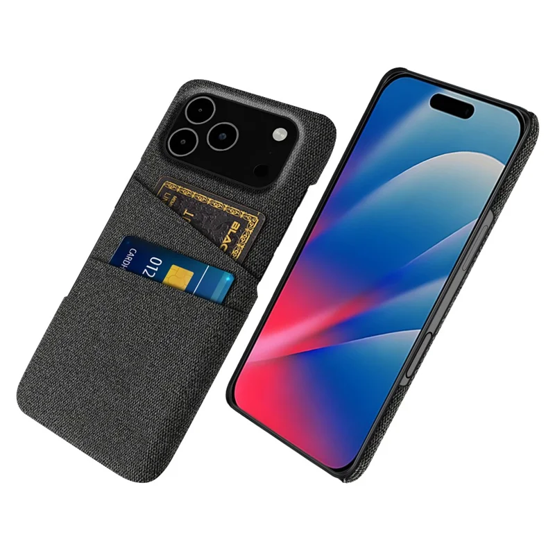 Capa para iPhone 17 Pro Max com Tecido + Capa Rígida de PC com Dois Compartimentos para Cartão - Preto