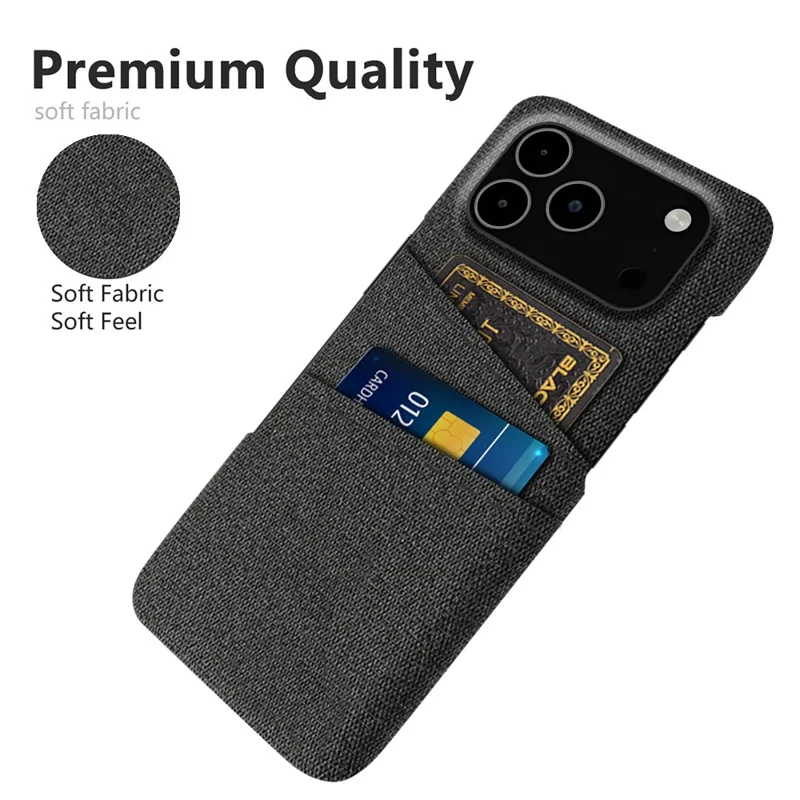 Capa para iPhone 17 Pro Max com Tecido + Capa Rígida de PC com Dois Compartimentos para Cartão - Preto
