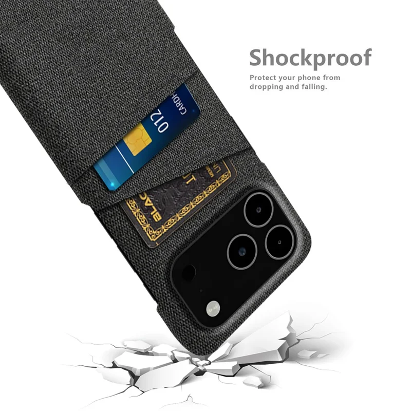 Capa para iPhone 17 Pro Max com Tecido + Capa Rígida de PC com Dois Compartimentos para Cartão - Preto