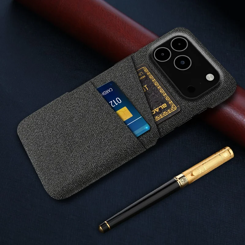 Capa para iPhone 17 Pro Max com Tecido + Capa Rígida de PC com Dois Compartimentos para Cartão - Preto