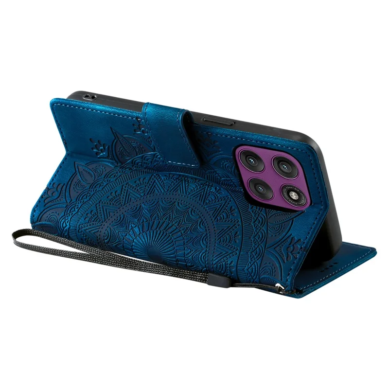For Motorola Edge 60 Pro 5G Case Imprinted Totem Skin Feel Wallet Leather Phone Cover with Hand Strap - Blue