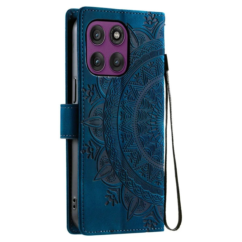 For Motorola Edge 60 Pro 5G Case Imprinted Totem Skin Feel Wallet Leather Phone Cover with Hand Strap - Blue