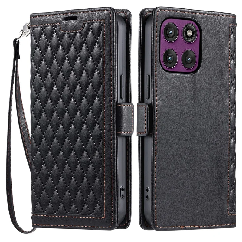 For Motorola Edge 60 Pro 5G Leather Case Rhombus Texture Wallet Stand Phone Cover with Wrist Strap - Black