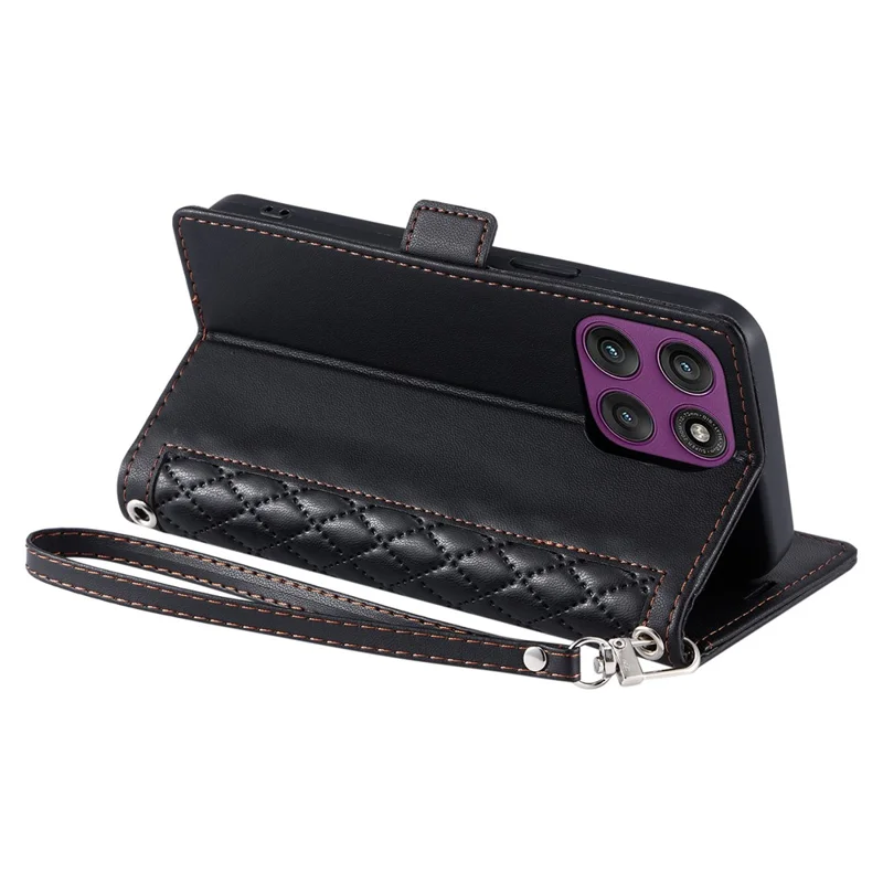 For Motorola Edge 60 Pro 5G Leather Case Rhombus Texture Wallet Stand Phone Cover with Wrist Strap - Black