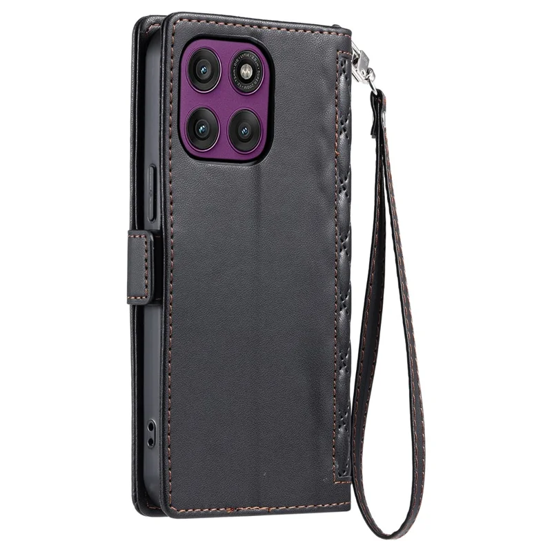 For Motorola Edge 60 Pro 5G Leather Case Rhombus Texture Wallet Stand Phone Cover with Wrist Strap - Black