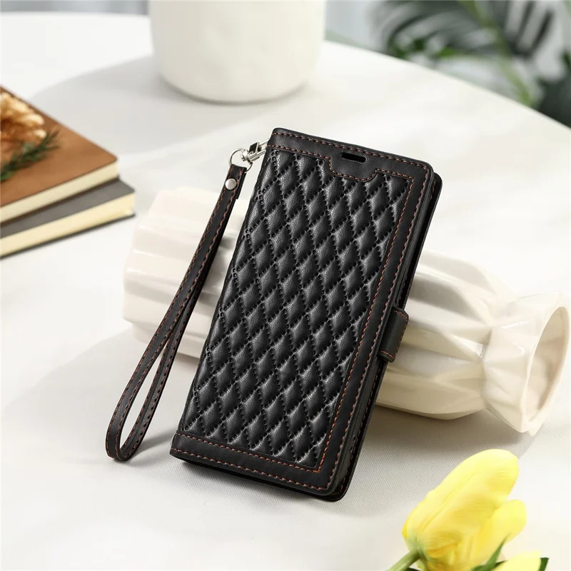 For Motorola Edge 60 Pro 5G Leather Case Rhombus Texture Wallet Stand Phone Cover with Wrist Strap - Black