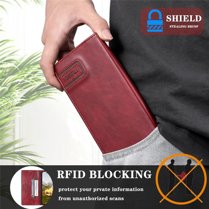 TTUDRCH Style 007 For Motorola Edge 60 Pro 5G Leather Case RFID Blocking Wallet Stand Phone Cover - Wine Red