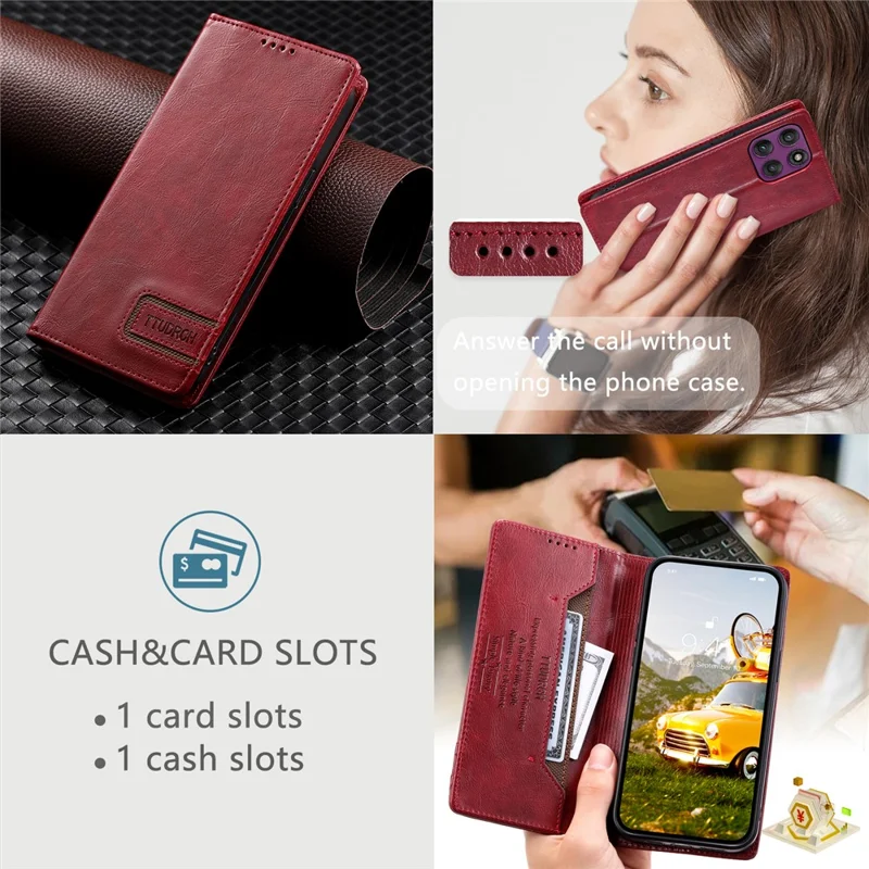 TTUDRCH Style 007 For Motorola Edge 60 Pro 5G Leather Case RFID Blocking Wallet Stand Phone Cover - Wine Red