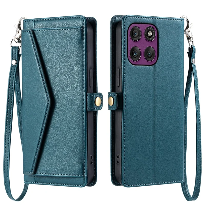 For Motorola Edge 60 Pro 5G Leather Case with Wrist Strap Wallet Stand Phone Cover - Blackish Green