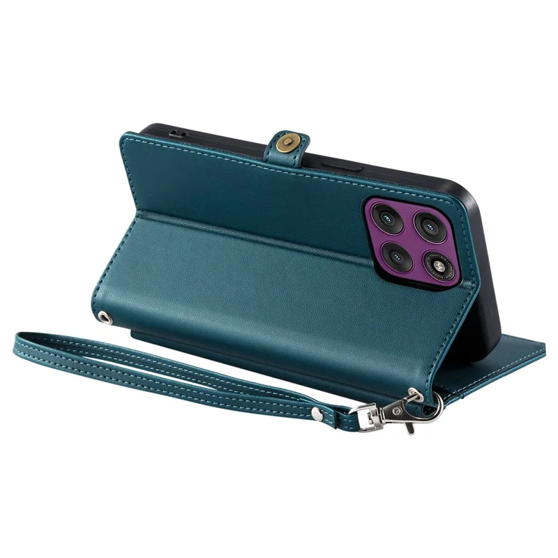 For Motorola Edge 60 Pro 5G Leather Case with Wrist Strap Wallet Stand Phone Cover - Blackish Green