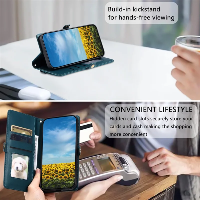 For Motorola Edge 60 Pro 5G Leather Case with Wrist Strap Wallet Stand Phone Cover - Blackish Green