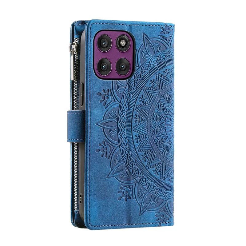 For Motorola Edge 60 Pro 5G Wallet Case Mandala Flower Pattern PU Leather Phone Cover with Wrist Strap - Blue