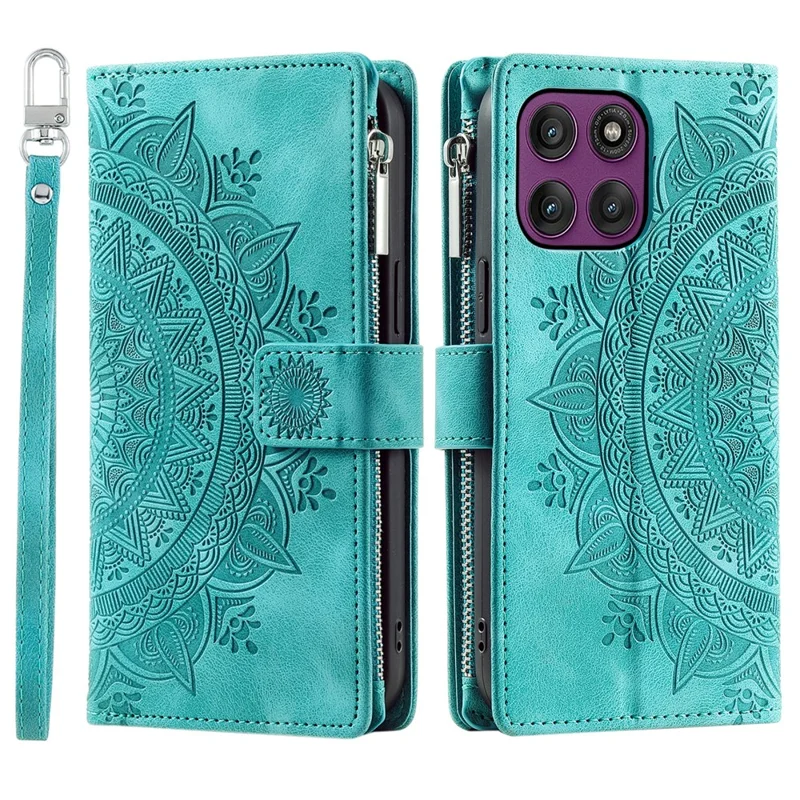 For Motorola Edge 60 Pro 5G Wallet Case Mandala Flower Pattern PU Leather Phone Cover with Wrist Strap - Mint Green