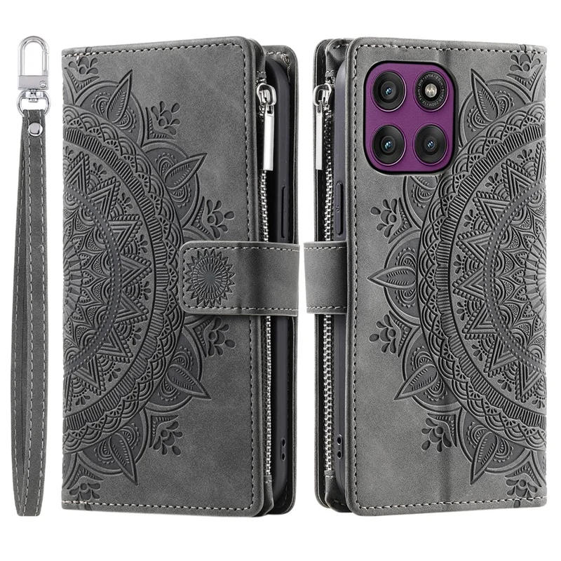 For Motorola Edge 60 Pro 5G Wallet Case Mandala Flower Pattern PU Leather Phone Cover with Wrist Strap - Grey