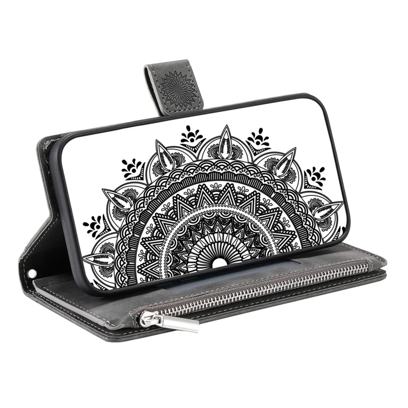 For Motorola Edge 60 Pro 5G Wallet Case Mandala Flower Pattern PU Leather Phone Cover with Wrist Strap - Grey