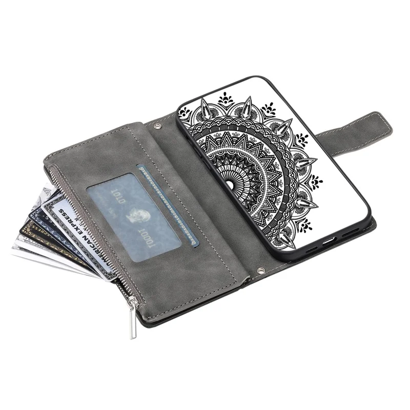 For Motorola Edge 60 Pro 5G Wallet Case Mandala Flower Pattern PU Leather Phone Cover with Wrist Strap - Grey