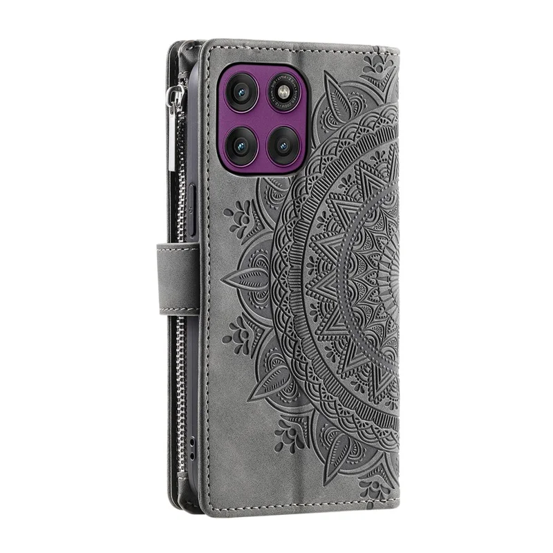 For Motorola Edge 60 Pro 5G Wallet Case Mandala Flower Pattern PU Leather Phone Cover with Wrist Strap - Grey