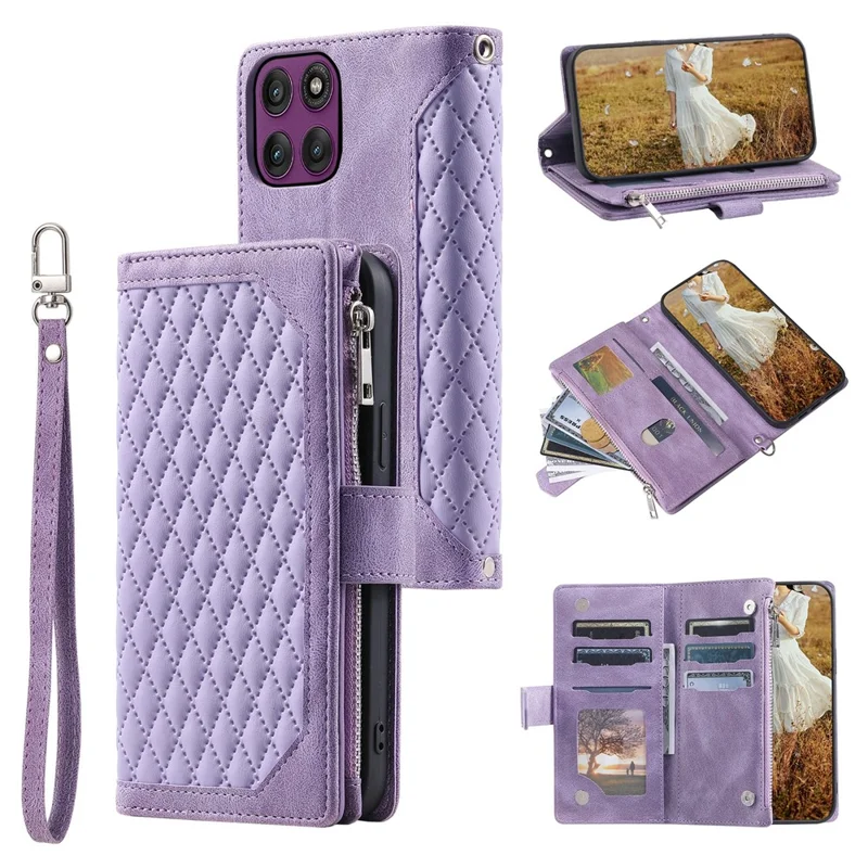 For Motorola Edge 60 Pro 5G Wallet Case Rhombus Stitching Line PU Leather Phone Cover with Wrist Strap - Purple