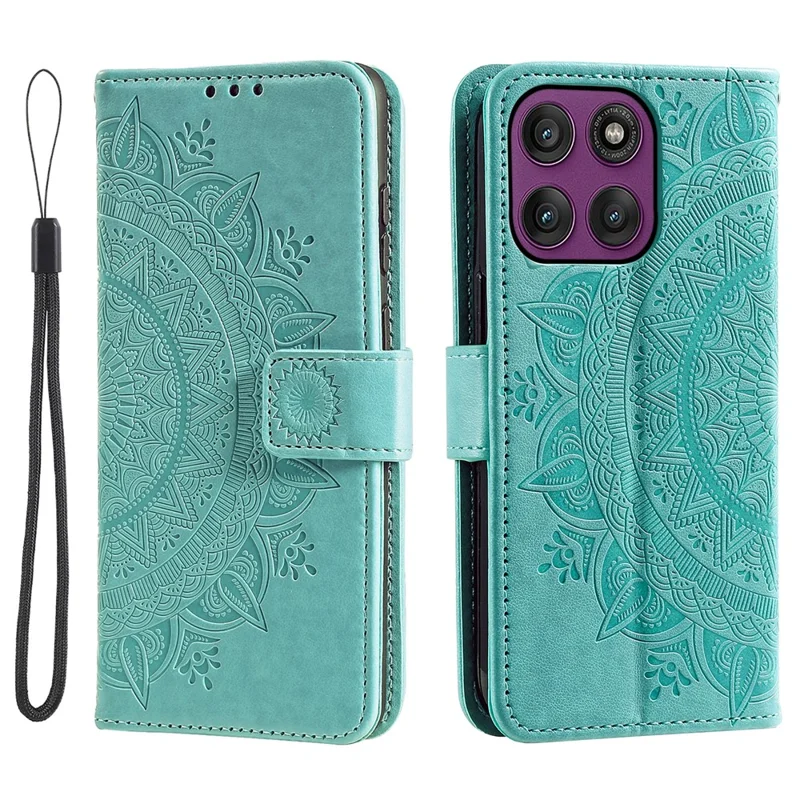 For Motorola Edge 60 Pro 5G Stand Case Imprinted Totem PU Leather Wallet Phone Cover with Wrist Strap - Mint Green